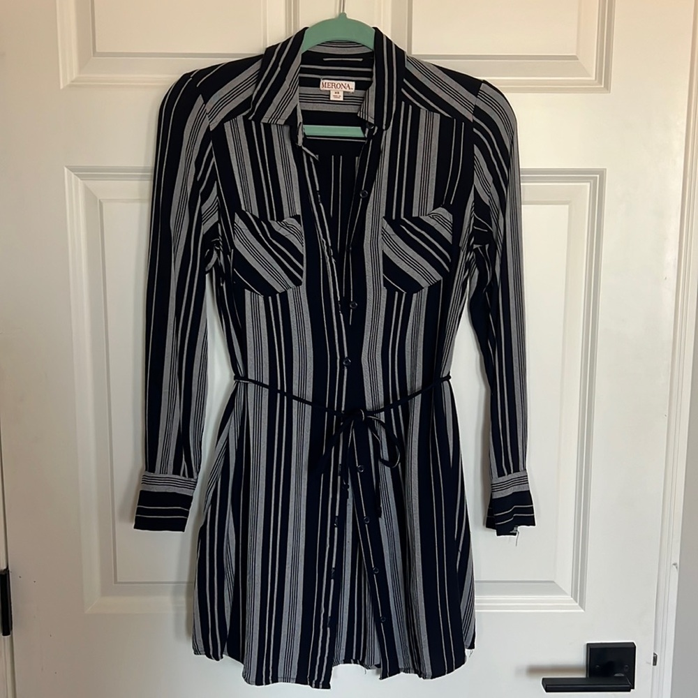 Navy Button Down Long Blouse